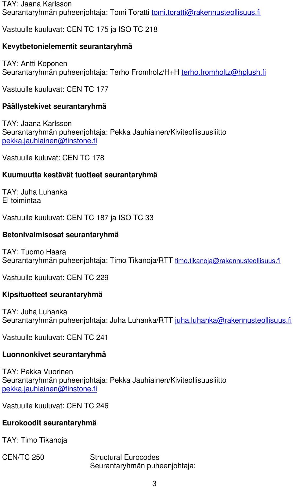 fi Vastuulle kuluvat: CEN TC 178 Kuumuutta kestävät tuotteet seurantaryhmä Ei toimintaa Vastuulle kuuluvat: CEN TC 187 ja ISO TC 33 Betonivalmisosat seurantaryhmä TAY: Tuomo Haara Timo Tikanoja/RTT