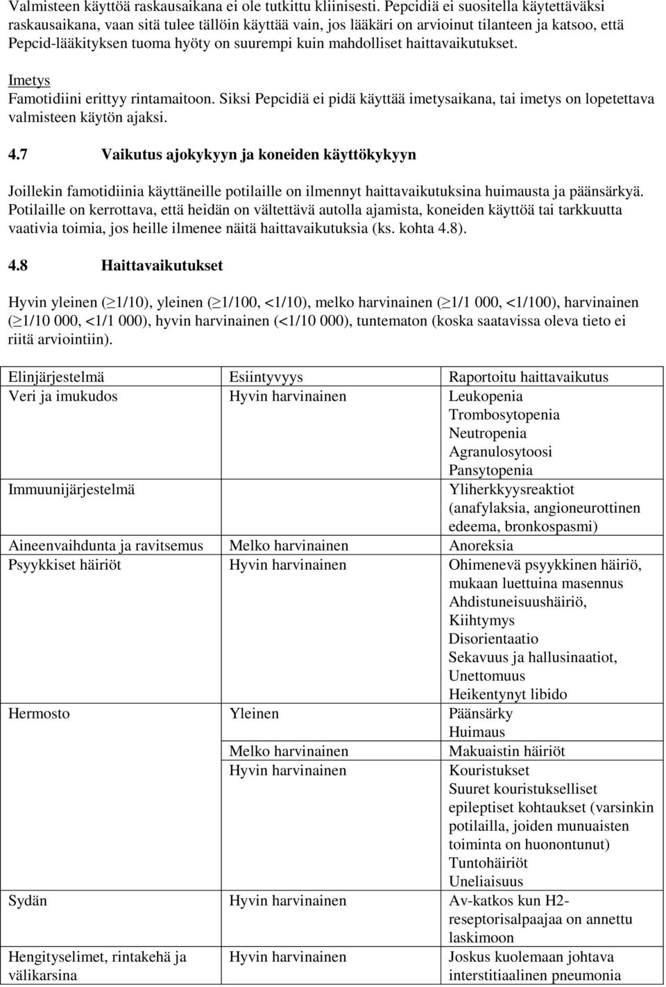 mahdolliset haittavaikutukset. Imetys Famotidiini erittyy rintamaitoon. Siksi Pepcidiä ei pidä käyttää imetysaikana, tai imetys on lopetettava valmisteen käytön ajaksi. 4.