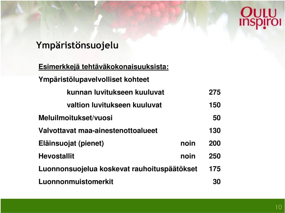 Meluilmoitukset/vuosi 50 Valvottavat maa-ainestenottoalueet 130 Eläinsuojat (pienet)