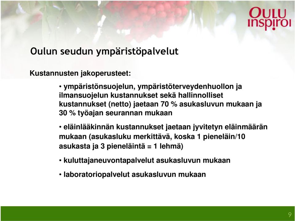 seurannan mukaan eläinlääkinnän kustannukset jaetaan jyvitetyn eläinmäärän mukaan (asukasluku merkittävä, koska 1