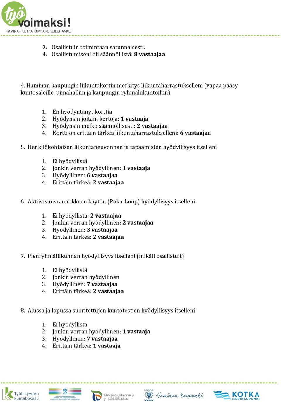 Hyödynsin joitain kertoja: 1 vastaaja 3. Hyödynsin melko säännöllisesti: 2 vastaajaa 4. Kortti on erittäin tärkeä liikuntaharrastukselleni: 6 vastaajaa 5.