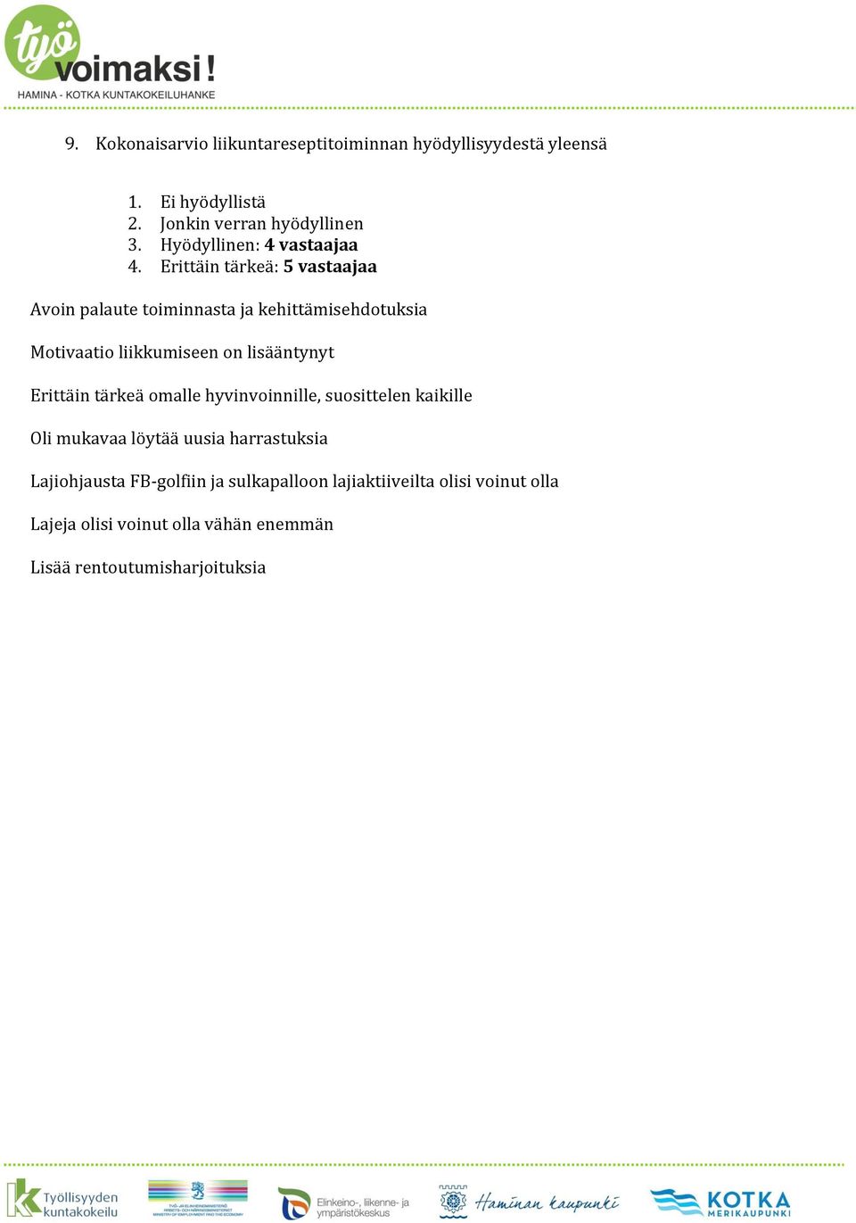 Erittäin tärkeä: 5 vastaajaa Avoin palaute toiminnasta ja kehittämisehdotuksia Motivaatio liikkumiseen on lisääntynyt