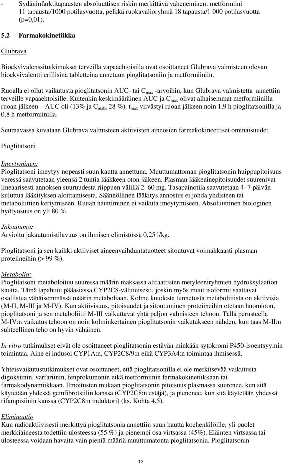 metformiiniin. Ruoalla ei ollut vaikutusta pioglitatsonin AUC- tai C max -arvoihin, kun Glubrava valmistetta annettiin terveille vapaaehtoisille.