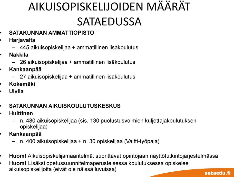 480 aikuisopiskelijaa (sis. 130 puolustusvoimien kuljettajakoulutuksen opiskelijaa) Kankaanpää n. 400 aikuisopiskelijaa + n. 30 opiskelijaa (Valtti-työpaja) Huom!