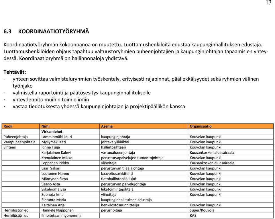 Tehtävät: - yhteen sovittaa valmisteluryhmien työskentely, erityisesti rajapinnat, päällekkäisyydet sekä ryhmien välinen työnjako - valmistella raportointi ja päätösesitys kaupunginhallitukselle -