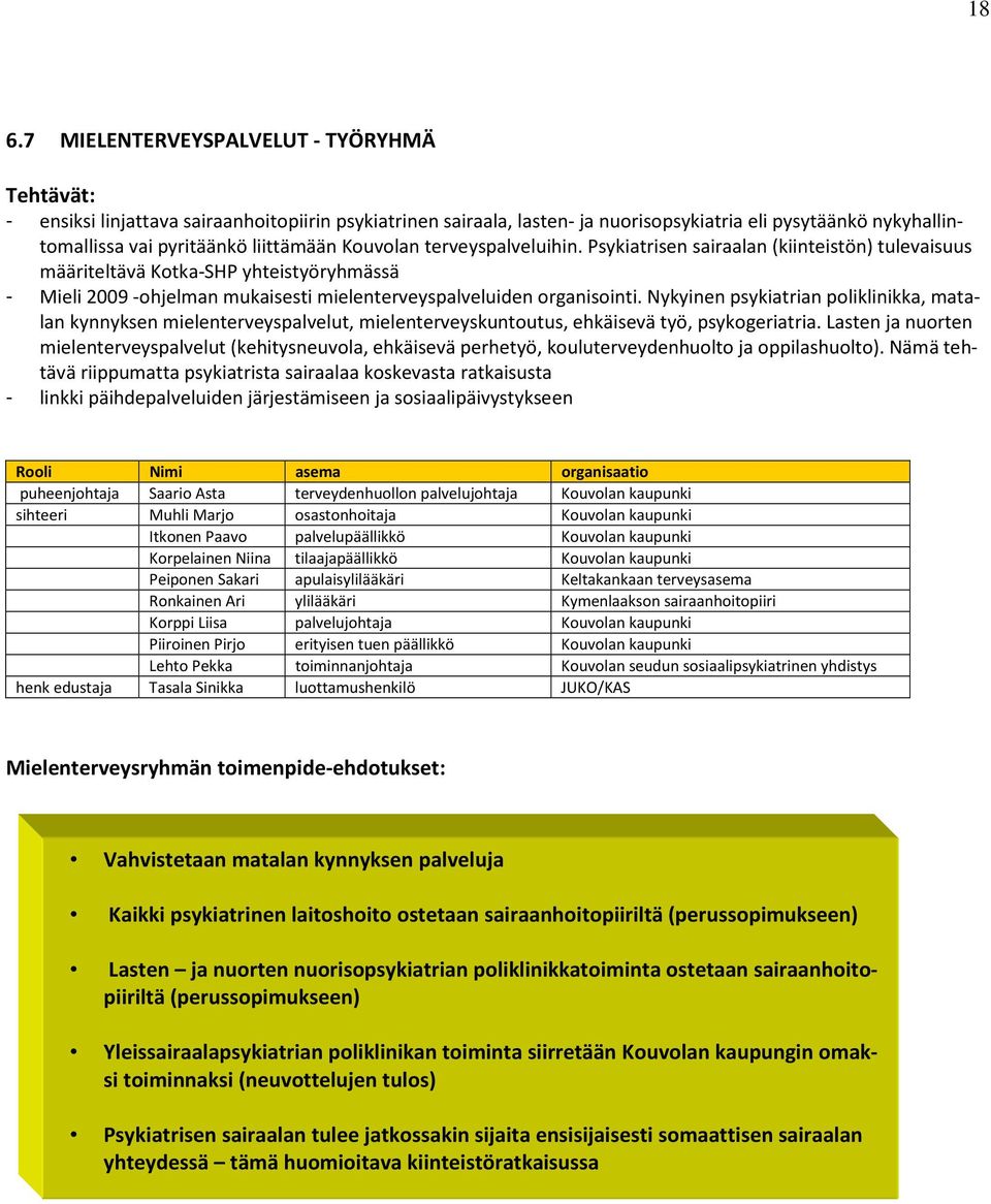 Psykiatrisen sairaalan (kiinteistön) tulevaisuus määriteltävä Kotka-SHP yhteistyöryhmässä - Mieli 2009 -ohjelman mukaisesti mielenterveyspalveluiden organisointi.