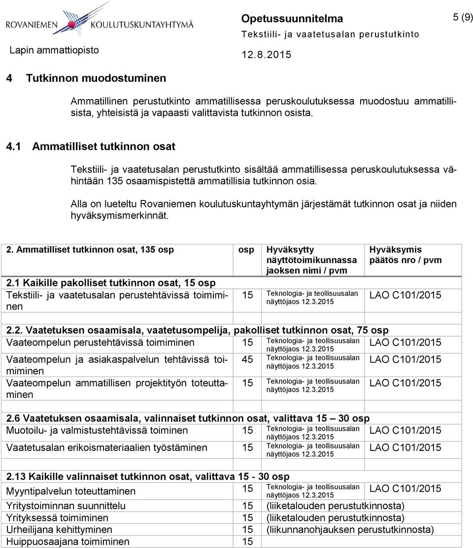 Ammatilliset tutkinnon osat, 135 osp osp Hyväksytty näyttötoimikunnassa jaoksen nimi / pvm 2.