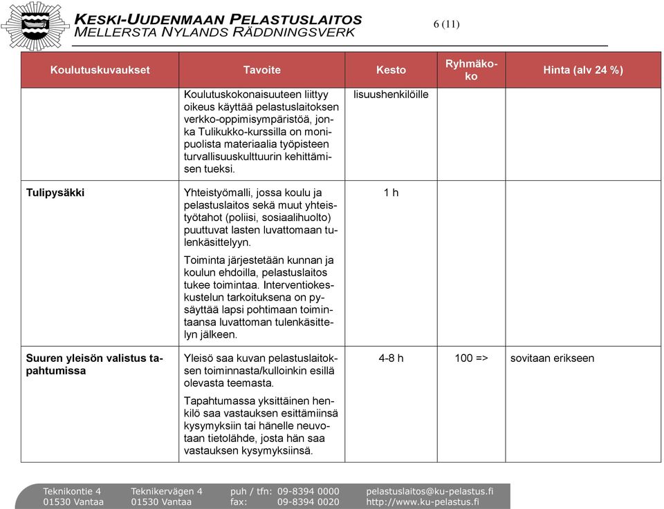 lisuushenkilöille Tulipysäkki Suuren yleisön valistus tapahtumissa Yhteistyömalli, jossa koulu ja pelastuslaitos sekä muut yhteistyötahot (poliisi, sosiaalihuolto) puuttuvat lasten luvattomaan