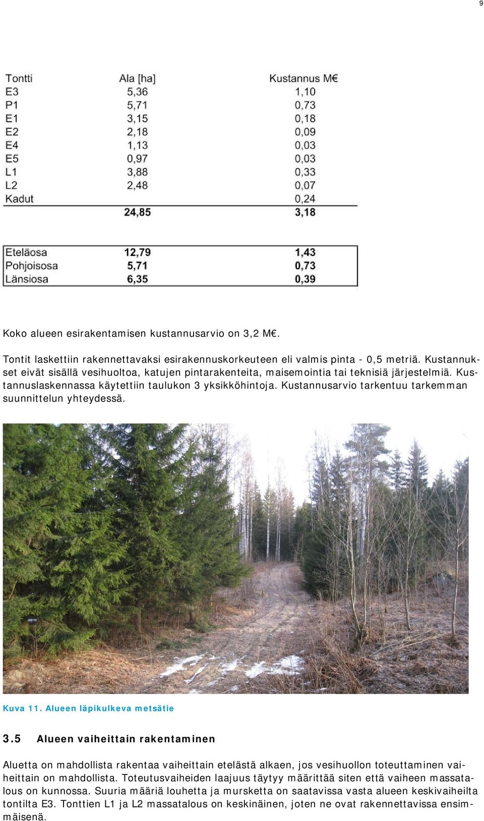 Kustannusarvio tarkentuu tarkemman suunnittelun yhteydessä. Kuva 11. Alueen läpikulkeva metsätie 3.