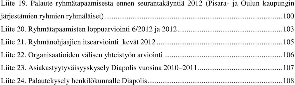 ryhmäläiset)... 100 Liite 20. Ryhmätapaamisten loppuarviointi 6/2012 ja 2012... 103 Liite 21.