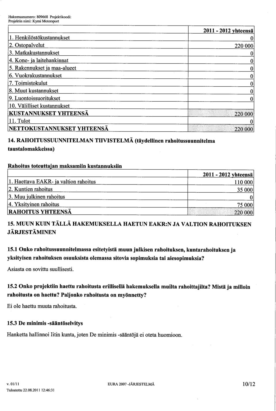 ; dj: 14. RAHOITUS SUUNNITELMAN TIIVIS TEL MÄ (täydellnen rahoitussuunnitelma taustalomakkeissa) R a 01 h't US t 0 t eu tt' a.ian ma k samun.. k us tannuk sun..!e)!)",.,. 'yyj 2011-2012 vhteensä 1.