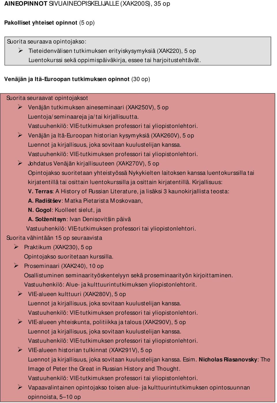 Venäjän ja Itä-Euroopan historian kysymyksiä (XAK260V), 5 op Johdatus Venäjän kirjallisuuteen (XAK270V), 5 op Opintojakso suoritetaan yhteistyössä Nykykielten laitoksen kanssa luentokurssilla tai