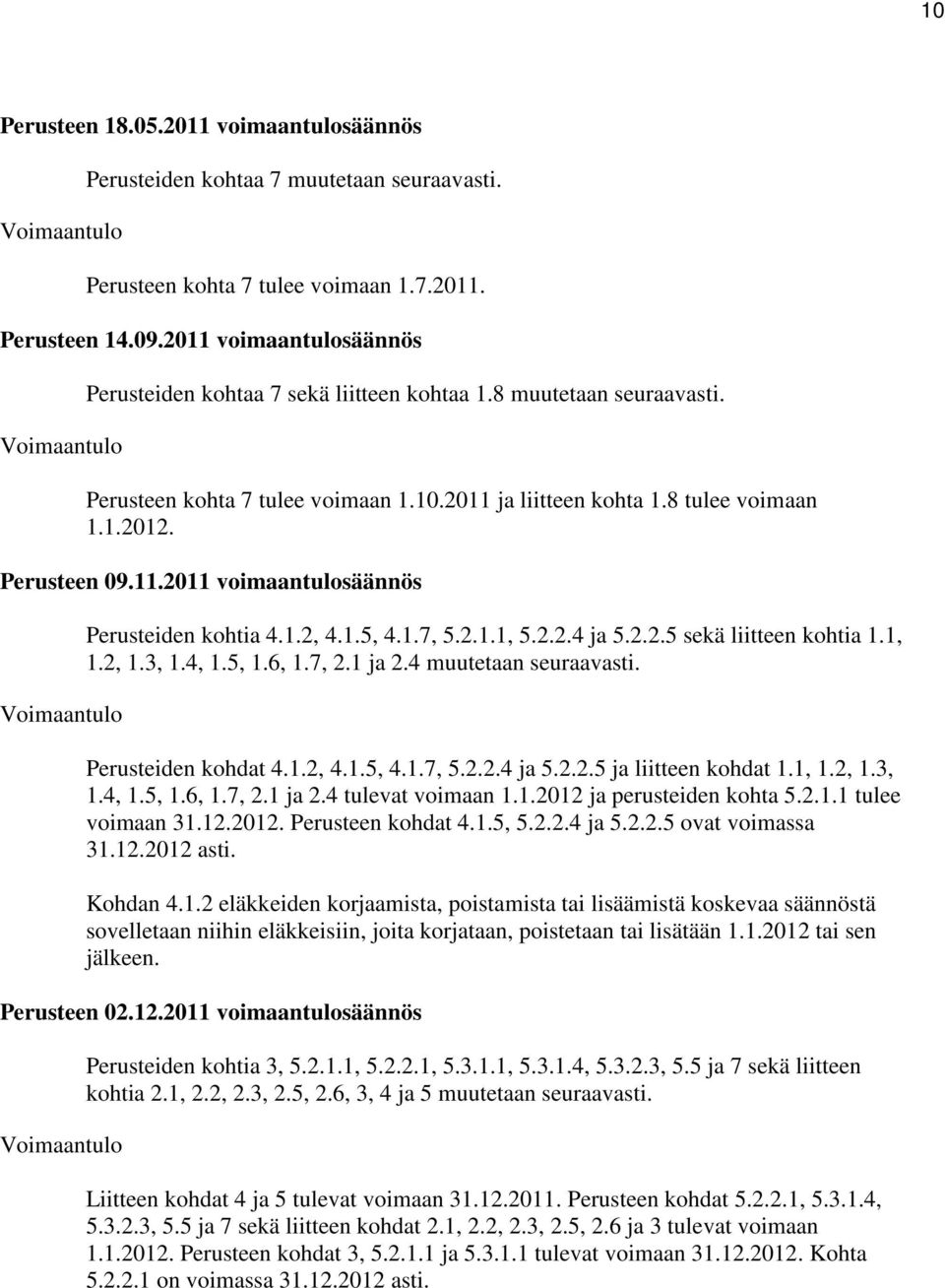 .20 oimaantulosäännös Voimaantulo Perusteiden ohtia 4..2, 4..5, 4..7, 5.2.., 5.2.2.4 ja 5.2.2.5 seä liitteen ohtia.,.2,.3,.4,.5,.6,.7, 2. ja 2.4 muutetaan seuraaasti. Perusteiden ohdat 4..2, 4..5, 4..7, 5.2.2.4 ja 5.2.2.5 ja liitteen ohdat.