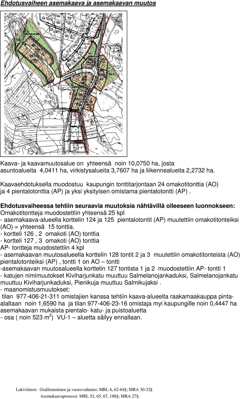 Ehdotusvaiheessa tehtiin seuraavia muutoksia nähtävillä olleeseen luonnokseen: Omakotitontteja muodostettiin yhteensä 25 kpl - asemakaava-alueella korttelin 124 ja 125 pientalotontit (AP) muutettiin