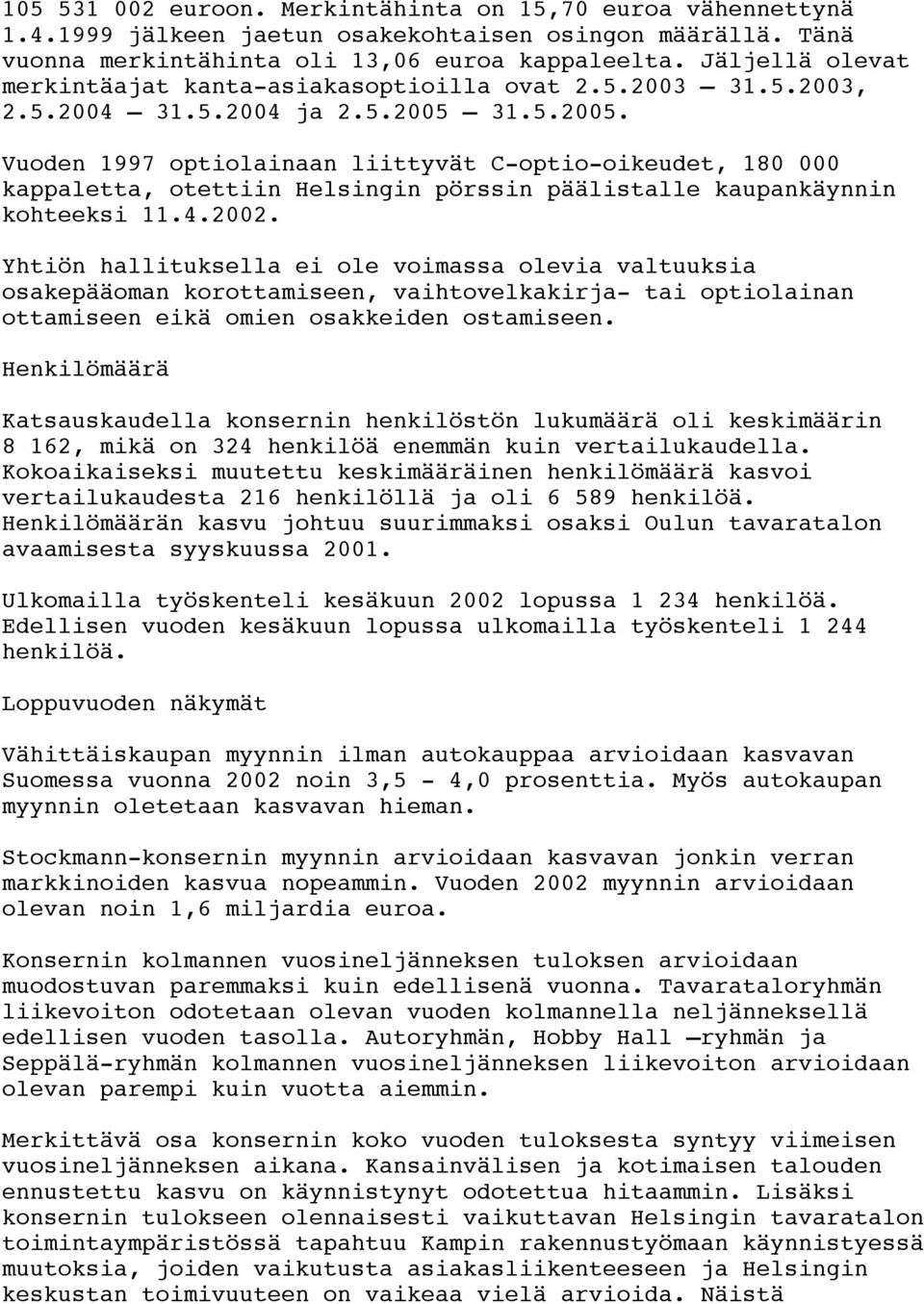 31.5.2005. Vuoden 1997 optiolainaan liittyvät C-optio-oikeudet, 180 000 kappaletta, otettiin Helsingin pörssin päälistalle kaupankäynnin kohteeksi 11.4.2002.