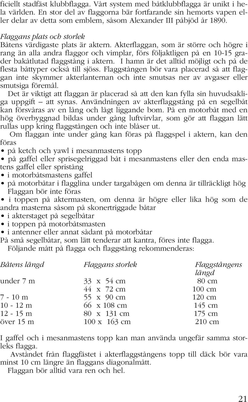 Akterflaggan, som är större och högre i rang än alla andra flaggor och vimplar, förs följaktligen på en 10-15 grader bakåtlutad flaggstång i aktern.