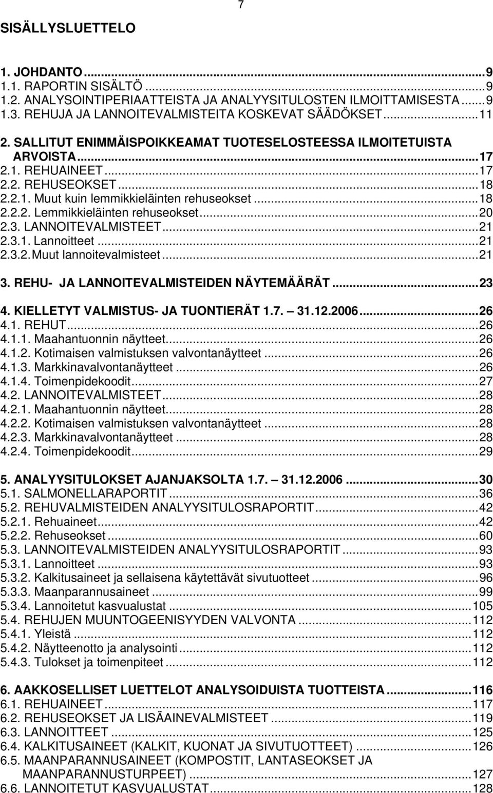 ..20 2.3. LANNOITEVALMISTEET...21 2.3.1. Lannoitteet...21 2.3.2. Muut lannoitevalmisteet...21 3. REHU- JA LANNOITEVALMISTEIDEN NÄYTEMÄÄRÄT...23 4. KIELLETYT VALMISTUS- JA TUONTIERÄT 1.7. 31.12.2006.