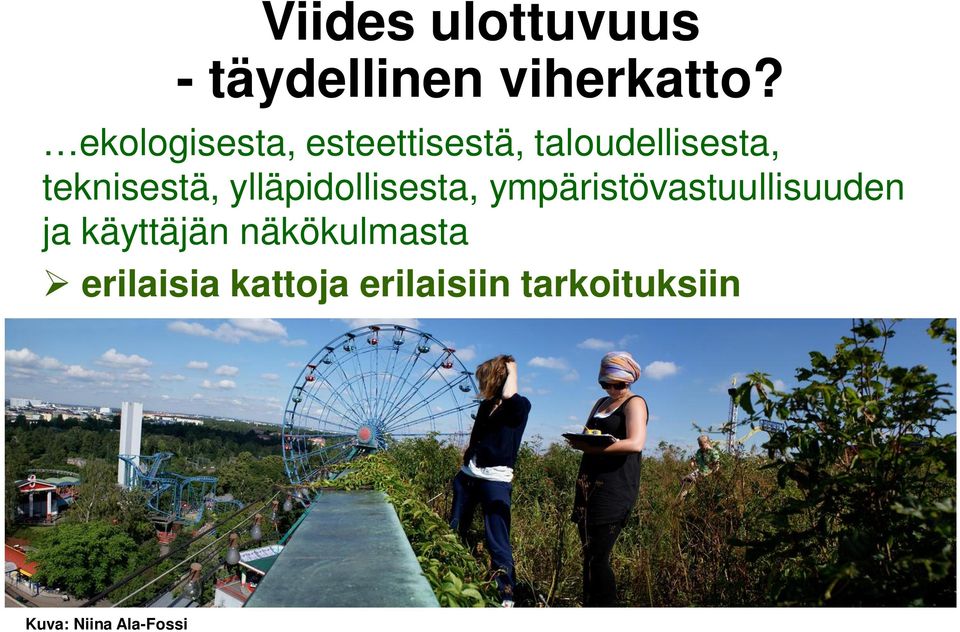 ympäristövastuullisuuden ja käyttäjän näkökulmasta erilaisia kattoja