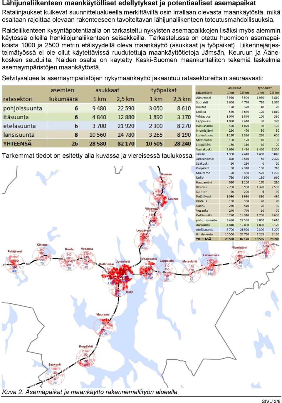 Raideliikenteen kysyntäpotentiaalia on tarkasteltu nykyisten asemapaikkojen lisäksi myös aiemmin käytössä olleilla henkilöjunaliikenteen seisakkeilla.