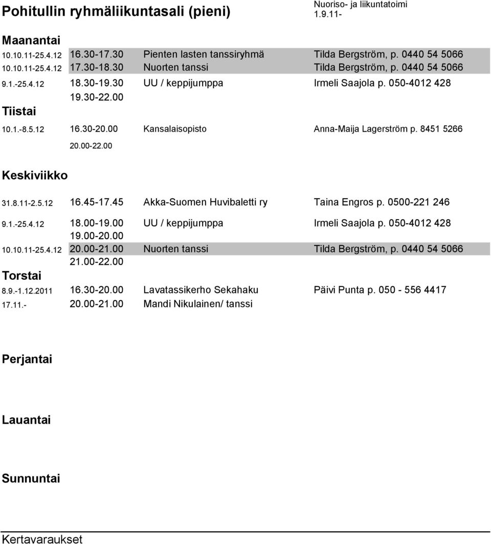 00 Kansalaisopisto Anna-Maija Lagerström p. 8451 5266 20.00-22.00 31.8.11-2.5.12 16.45-17.45 Akka-Suomen Huvibaletti ry Taina Engros p. 0500-221 246 9.1.-25.4.12 UU / keppijumppa Irmeli Saajola p.