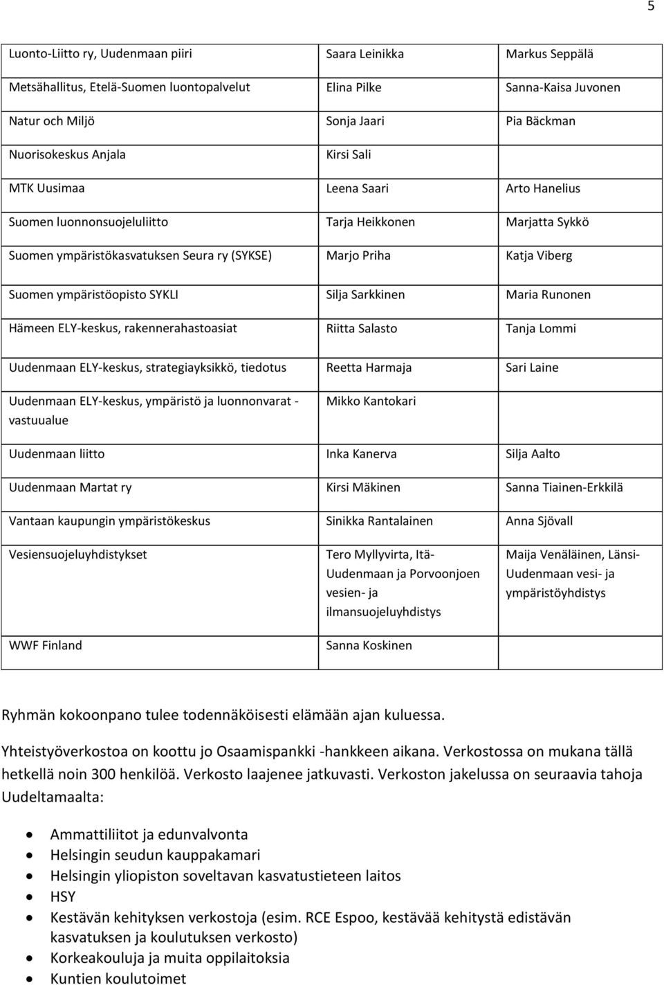 ympäristöopisto SYKLI Silja Sarkkinen Maria Runonen Hämeen ELY-keskus, rakennerahastoasiat Riitta Salasto Tanja Lommi Uudenmaan ELY-keskus, strategiayksikkö, tiedotus Reetta Harmaja Sari Laine