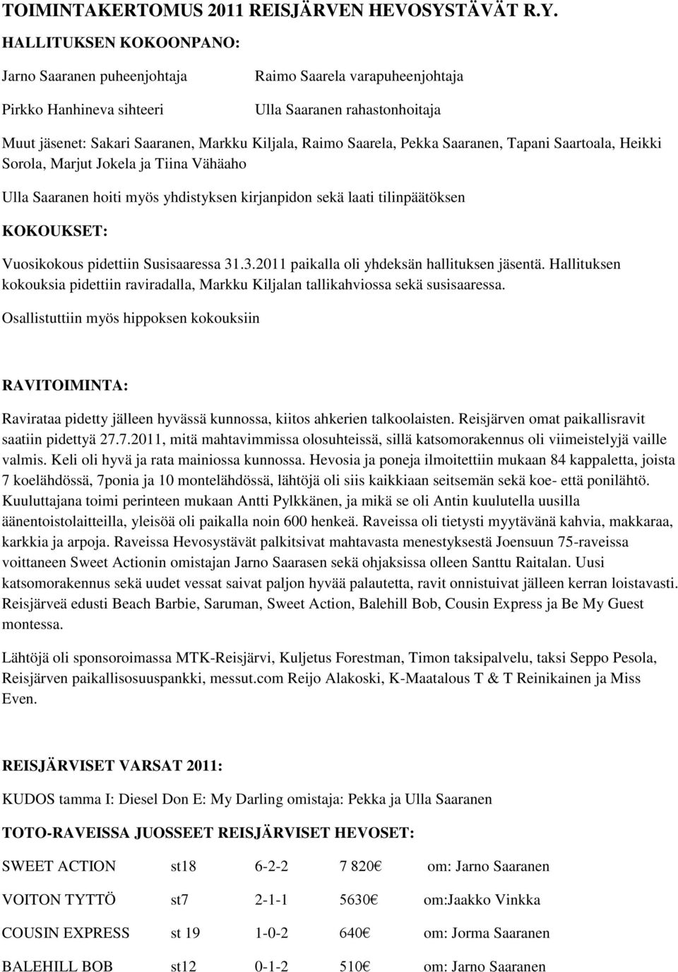 HALLITUKSEN KOKOONPANO: Jarno Saaranen puheenjohtaja Pirkko Hanhineva sihteeri Raimo Saarela varapuheenjohtaja Ulla Saaranen rahastonhoitaja Muut jäsenet: Sakari Saaranen, Markku Kiljala, Raimo