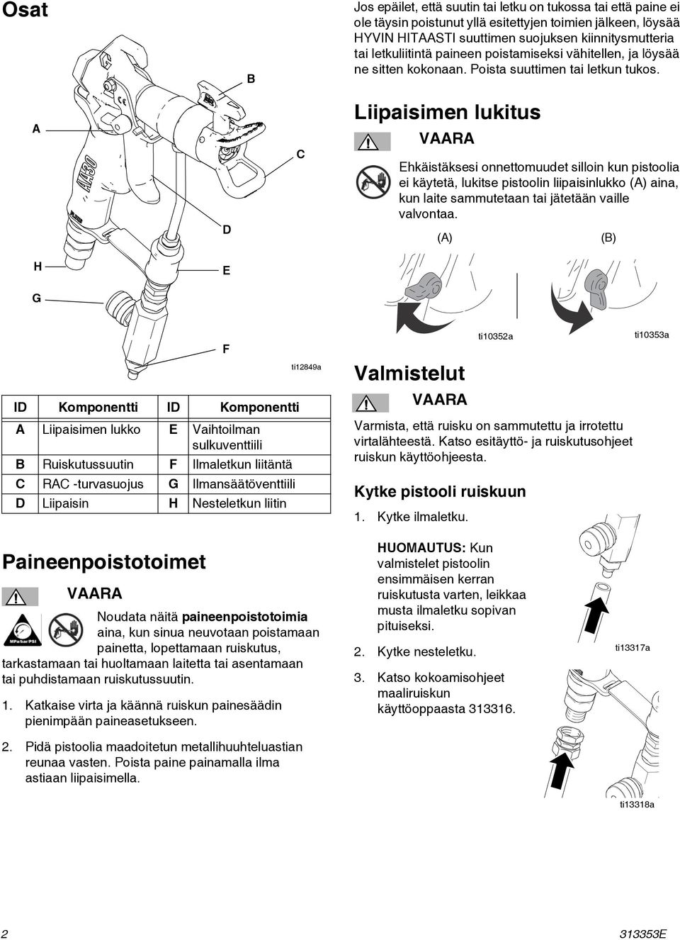 A D C Liipaisimen lukitus VAARA Ehkäistäksesi onnettomuudet silloin kun pistoolia ei käytetä, lukitse pistoolin liipaisinlukko (A) aina, kun laite sammutetaan tai jätetään vaille valvontaa.