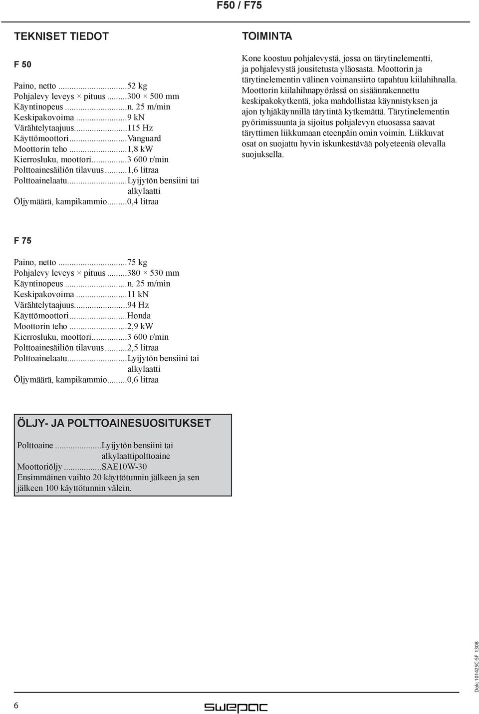 ..0,4 litraa TOIMINTA Kone koostuu pohjalevystä, jossa on tärytinelementti, ja pohjalevystä jousitetusta yläosasta. Moottorin ja tärytinelementin välinen voimansiirto tapahtuu kiilahihnalla.