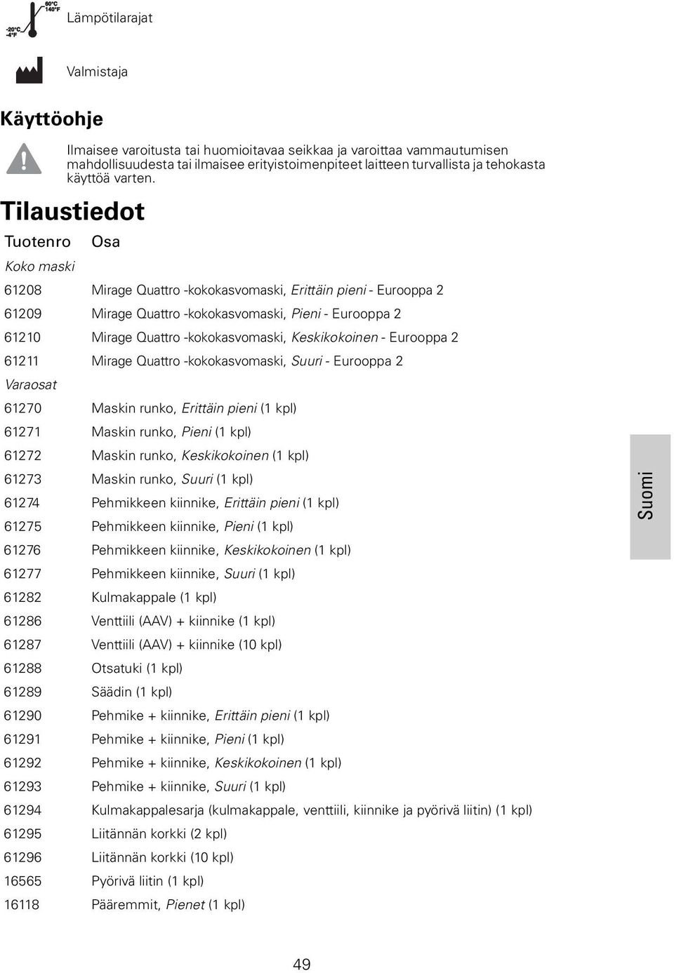 Tilaustiedot Tuotenro Osa Koko maski 61208 Mirage Quattro -kokokasvomaski, Erittäin pieni - Eurooppa 2 61209 Mirage Quattro -kokokasvomaski, Pieni - Eurooppa 2 61210 Mirage Quattro -kokokasvomaski,