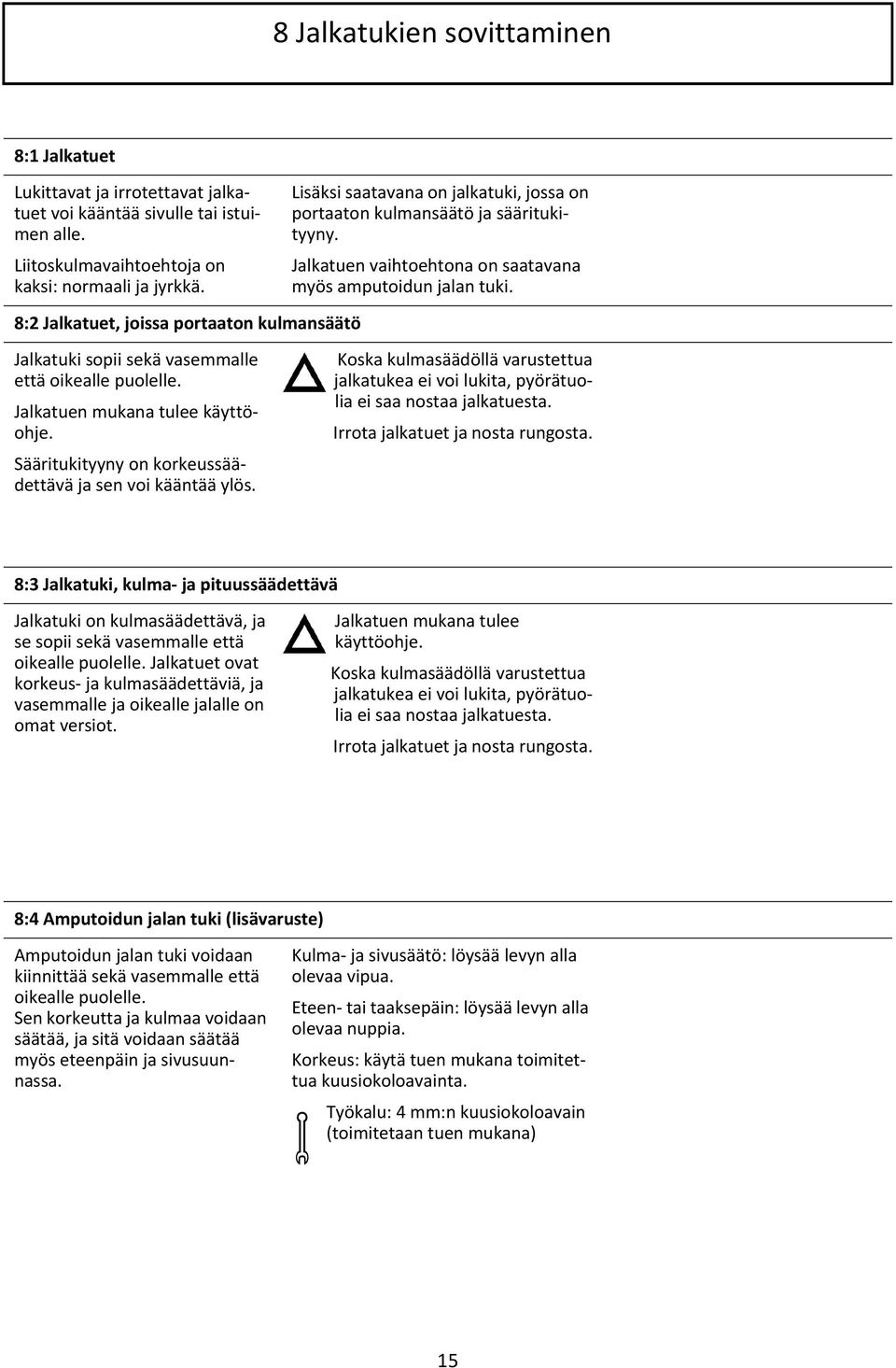 Lisäksi saatavana on jalkatuki, jossa on portaaton kulmansäätö ja sääritukityyny. Jalkatuen vaihtoehtona on saatavana myös amputoidun jalan tuki.