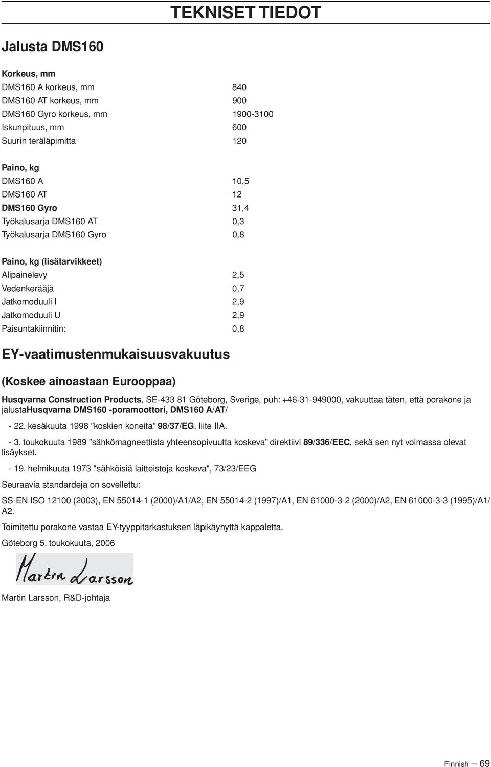 Paisuntakiinnitin: 0,8 EY-vaatimustenmukaisuusvakuutus (Koskee ainoastaan Eurooppaa) Husqvarna Construction Products, SE-433 81 Göteborg, Sverige, puh: +46-31-949000, vakuuttaa täten, että porakone