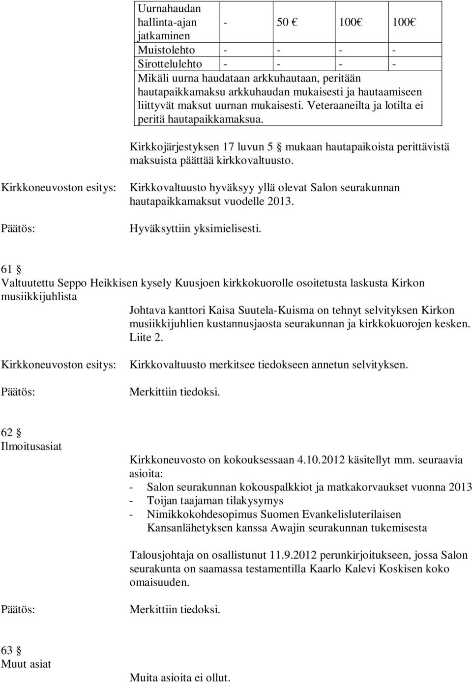 Kirkkoneuvoston esitys: Kirkkovaltuusto hyväksyy yllä olevat Salon seurakunnan hautapaikkamaksut vuodelle 2013.