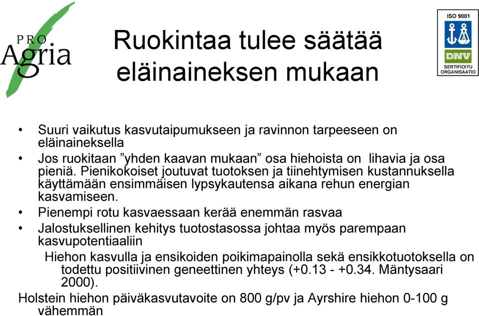 Pienempi rotu kasvaessaan kerää enemmän rasvaa Jalostuksellinen kehitys tuotostasossa johtaa myös parempaan kasvupotentiaaliin Hiehon kasvulla ja ensikoiden