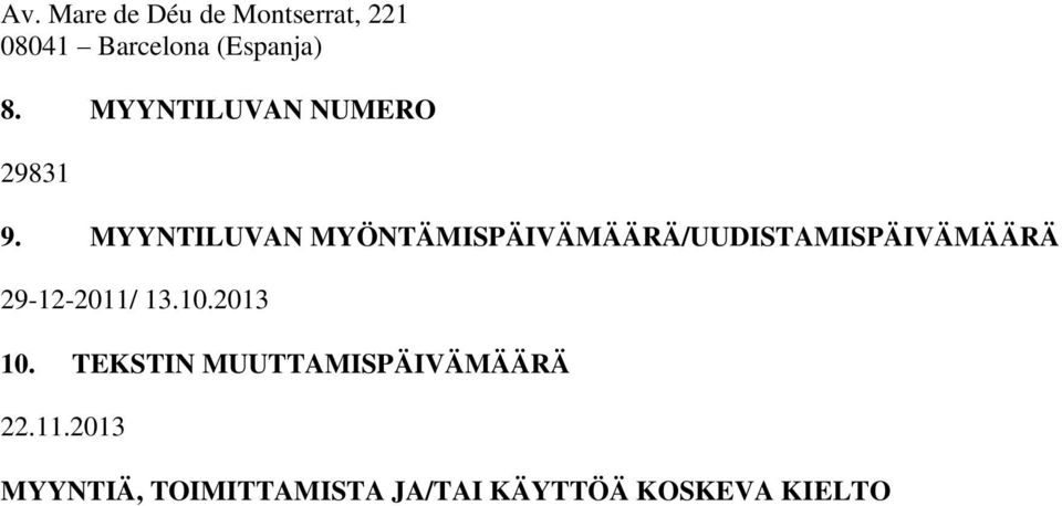 MYYNTILUVAN MYÖNTÄMISPÄIVÄMÄÄRÄ/UUDISTAMISPÄIVÄMÄÄRÄ 29-12-2011/