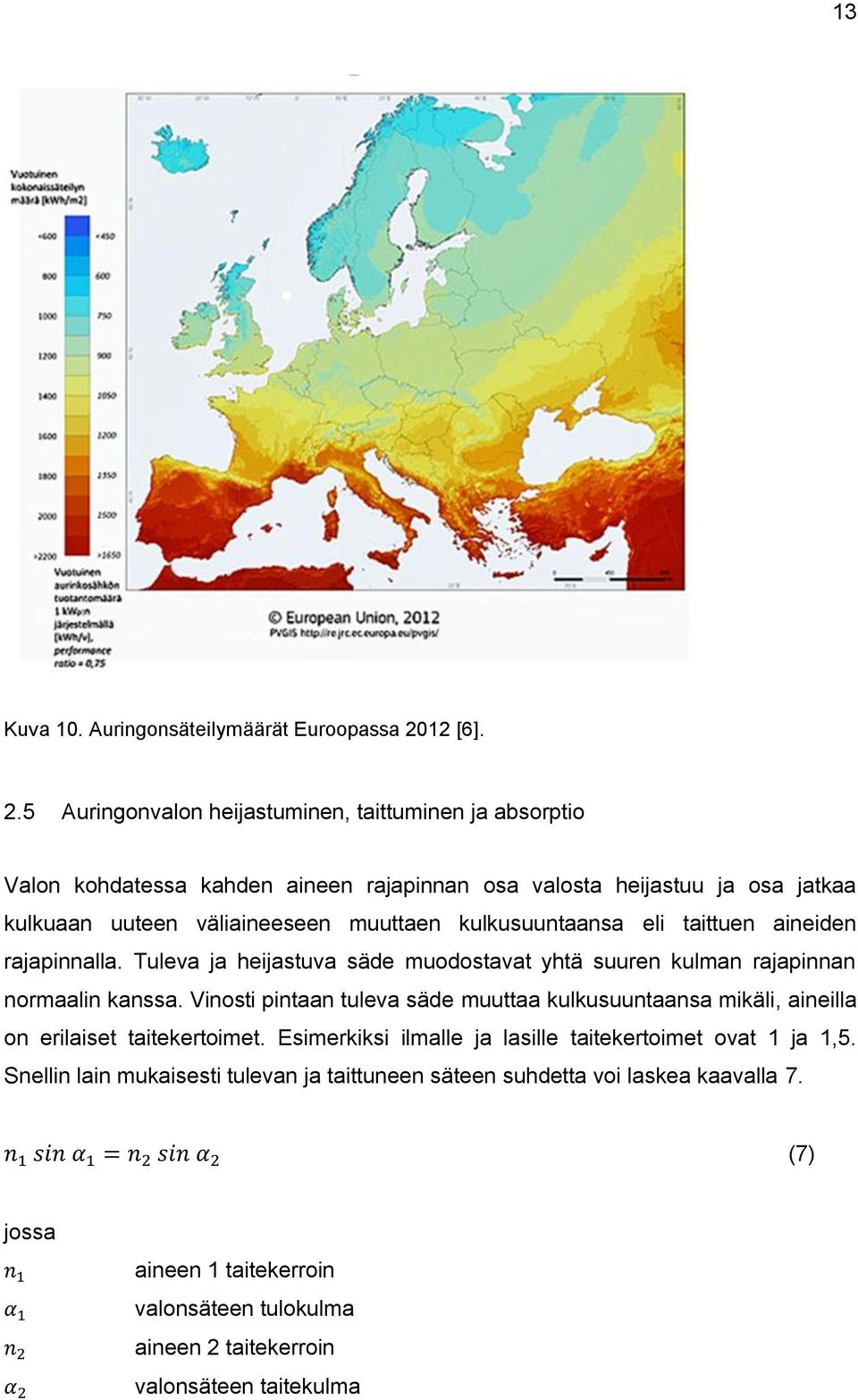 5 Auringonvalon heijastuminen, taittuminen ja absorptio Valon kohdatessa kahden aineen rajapinnan osa valosta heijastuu ja osa jatkaa kulkuaan uuteen väliaineeseen muuttaen