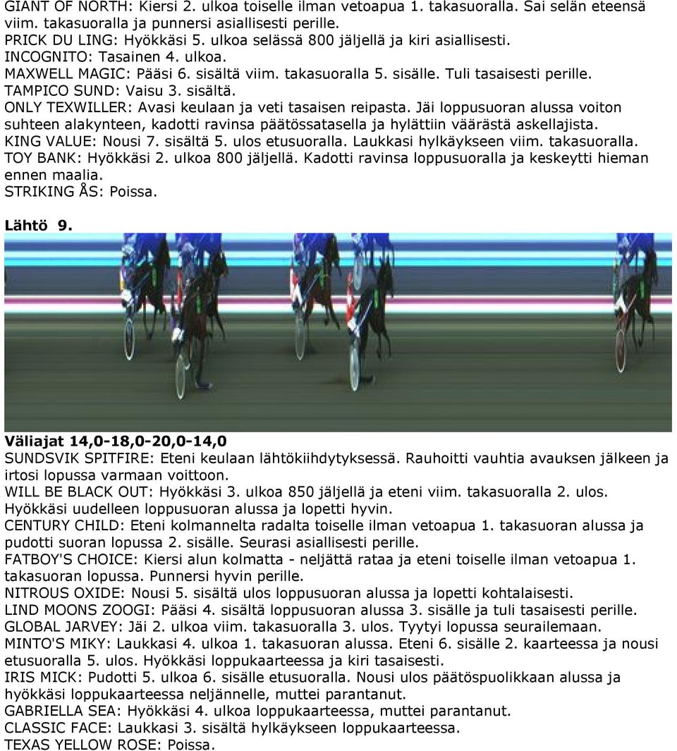 Jäi loppusuoran alussa voiton suhteen alakynteen, kadotti ravinsa päätössatasella ja hylättiin väärästä askellajista. KING VALUE: Nousi 7. sisältä 5. ulos etusuoralla. Laukkasi hylkäykseen viim.