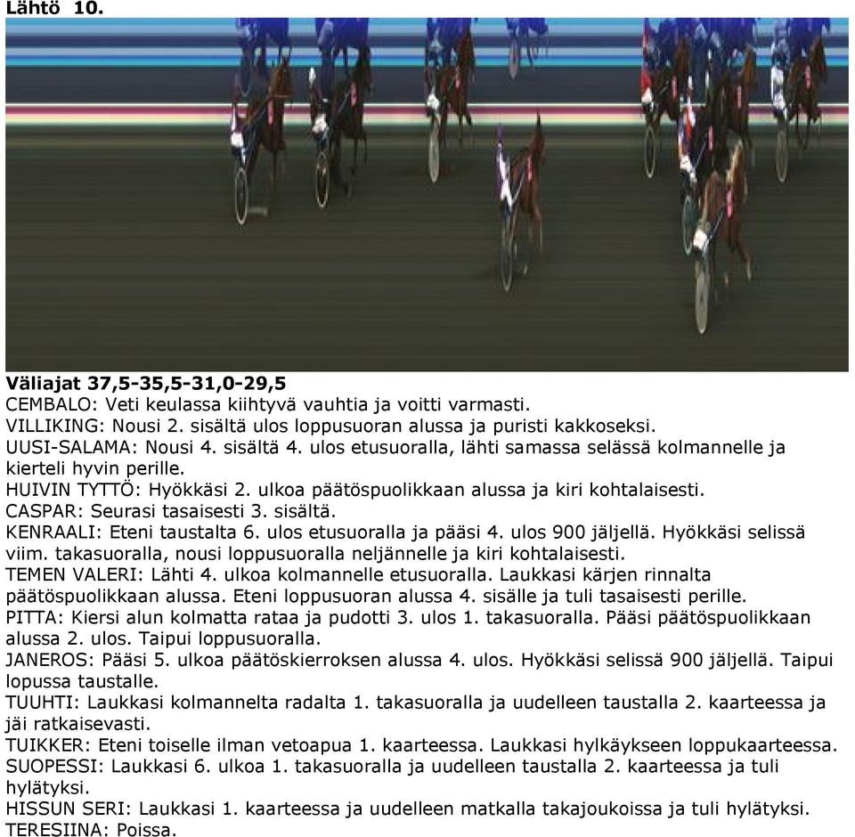 sisältä. KENRAALI: Eteni taustalta 6. ulos etusuoralla ja pääsi 4. ulos 900 jäljellä. Hyökkäsi selissä viim. takasuoralla, nousi loppusuoralla neljännelle ja kiri kohtalaisesti. TEMEN VALERI: Lähti 4.