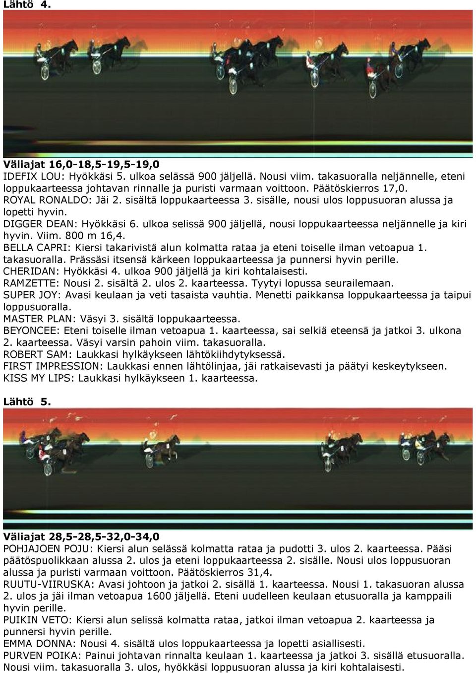 ulkoa selissä 900 jäljellä, nousi loppukaarteessa neljännelle ja kiri hyvin. Viim. 800 m 16,4. BELLA CAPRI: Kiersi takarivistä alun kolmatta rataa ja eteni toiselle ilman vetoapua 1. takasuoralla.