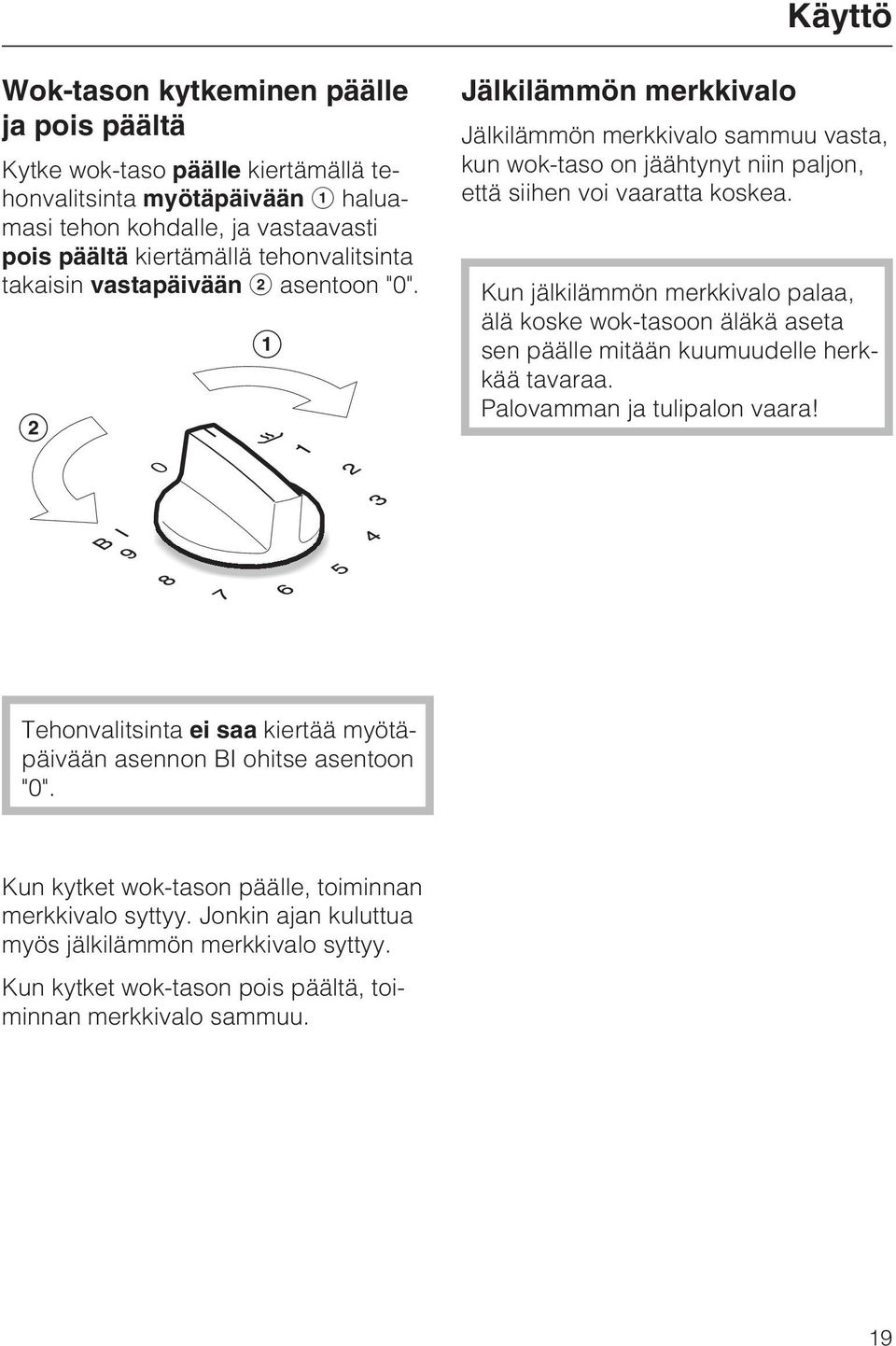 Kun jälkilämmön merkkivalo palaa, älä koske wok-tasoon äläkä aseta sen päälle mitään kuumuudelle herkkää tavaraa. Palovamman ja tulipalon vaara!