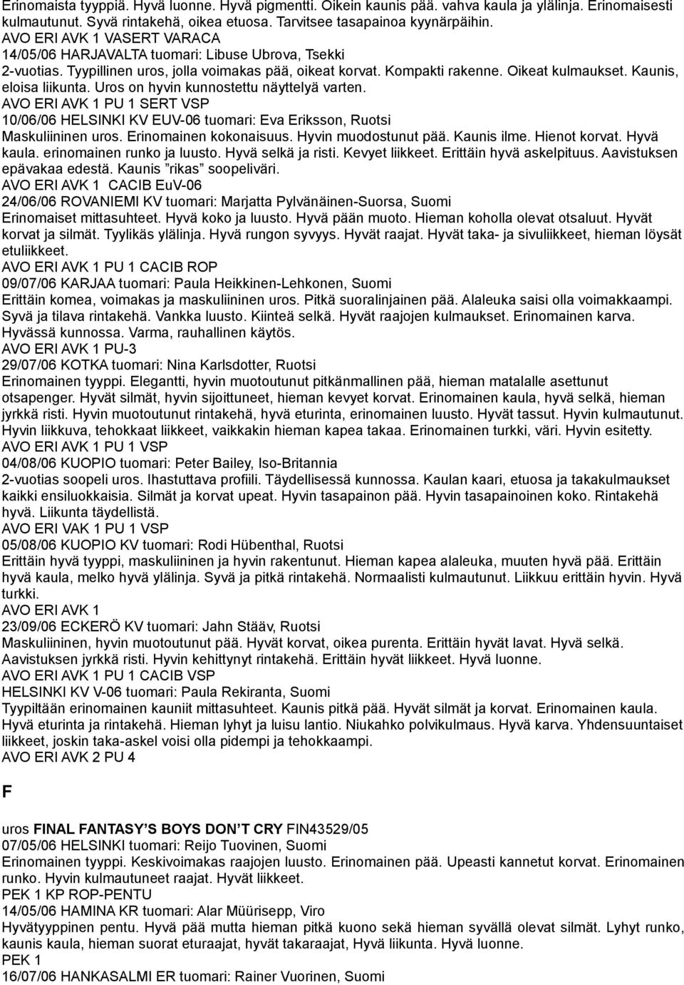 Kaunis, eloisa liikunta. Uros on hyvin kunnostettu näyttelyä varten. AVO ERI AVK 1 PU 1 SERT VSP 10/06/06 HELSINKI KV EUV-06 tuomari: Eva Eriksson, Ruotsi Maskuliininen uros. Erinomainen kokonaisuus.