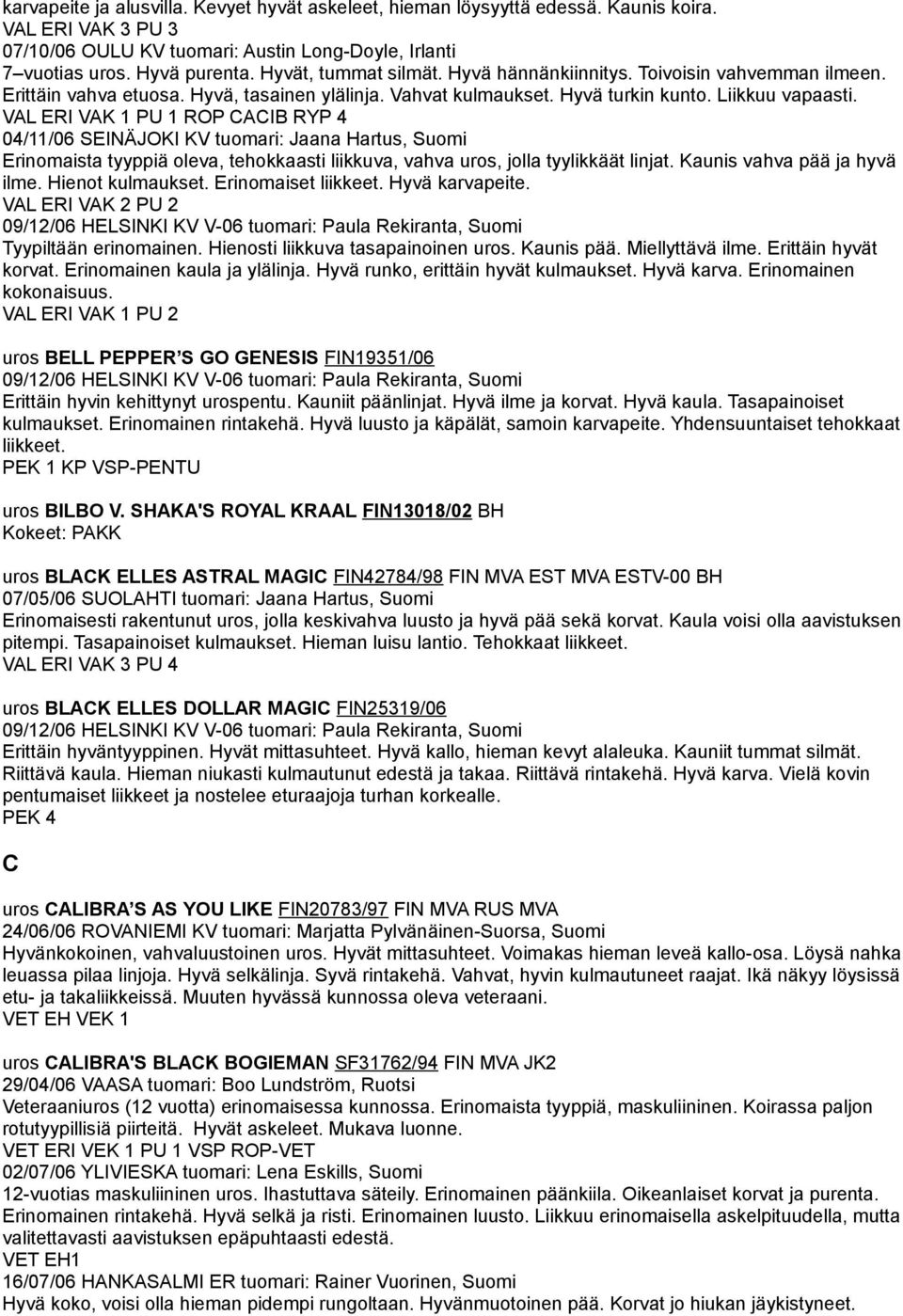 VAL ERI VAK 1 PU 1 ROP CACIB RYP 4 04/11/06 SEINÄJOKI KV tuomari: Jaana Hartus, Suomi Erinomaista tyyppiä oleva, tehokkaasti liikkuva, vahva uros, jolla tyylikkäät linjat.