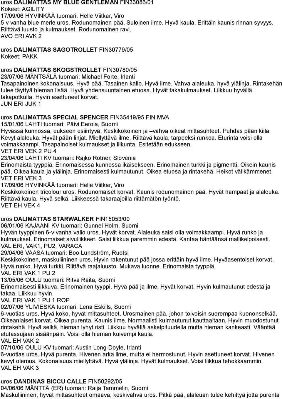 AVO ERI AVK 2 uros DALIMATTAS SAGOTROLLET FIN30779/05 Kokeet: PAKK uros DALIMATTAS SKOGSTROLLET FIN30780/05 23/07/06 MÄNTSÄLÄ tuomari: Michael Forte, Irlanti Tasapainoinen kokonaisuus. Hyvä pää.