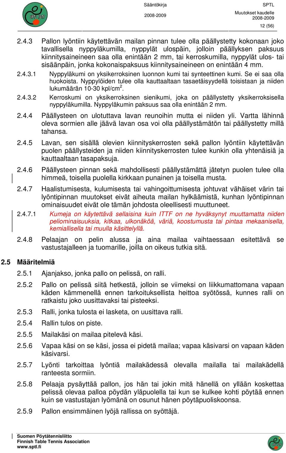 tai kerroskumilla, nyppylät ulos- tai sisäänpäin, jonka kokonaispaksuus kiinnitysaineineen on enintään 4 mm. 2.4.3.1 Nyppyläkumi on yksikerroksinen luonnon kumi tai synteettinen kumi.
