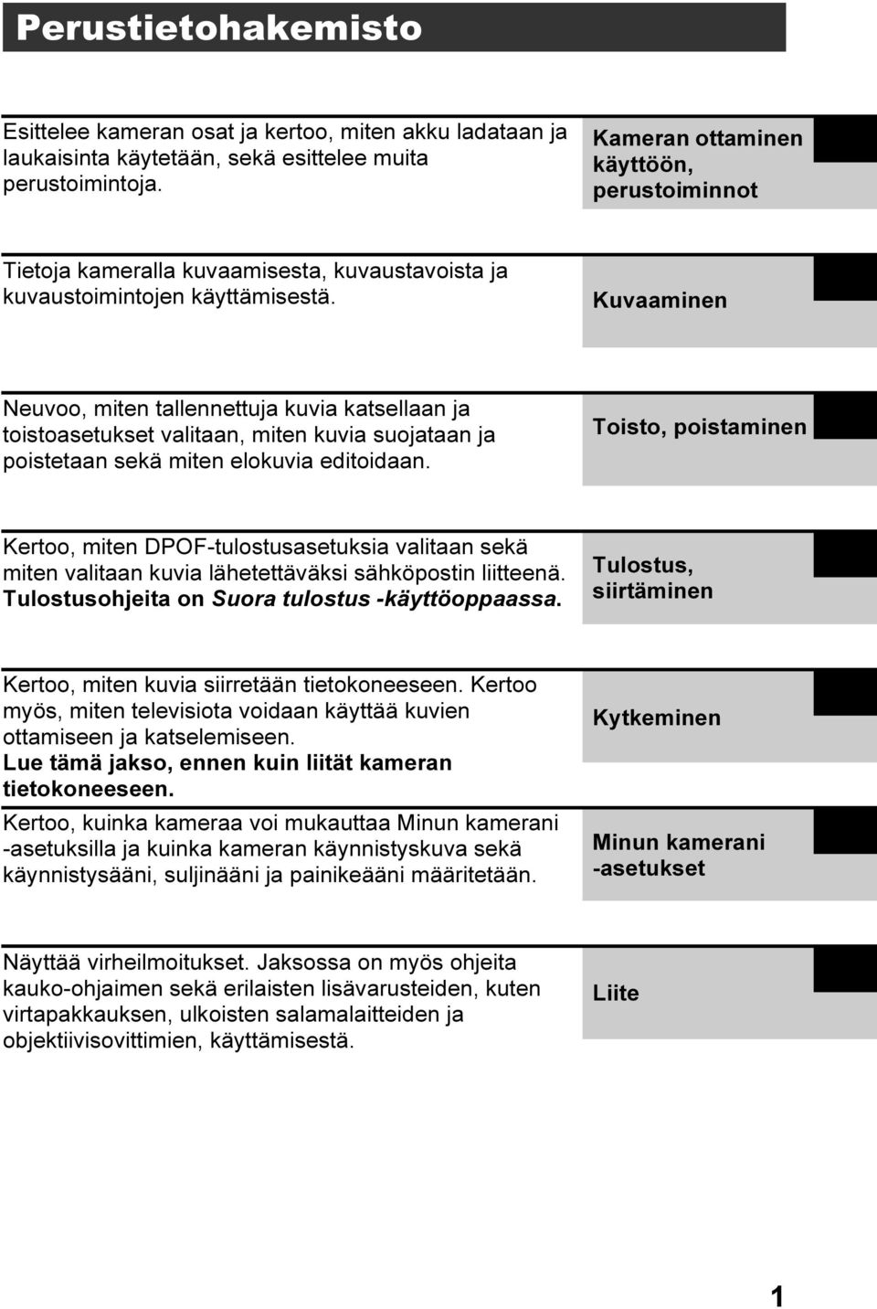 Kuvaaminen Neuvoo, miten tallennettuja kuvia katsellaan ja toistoasetukset valitaan, miten kuvia suojataan ja poistetaan sekä miten elokuvia editoidaan.