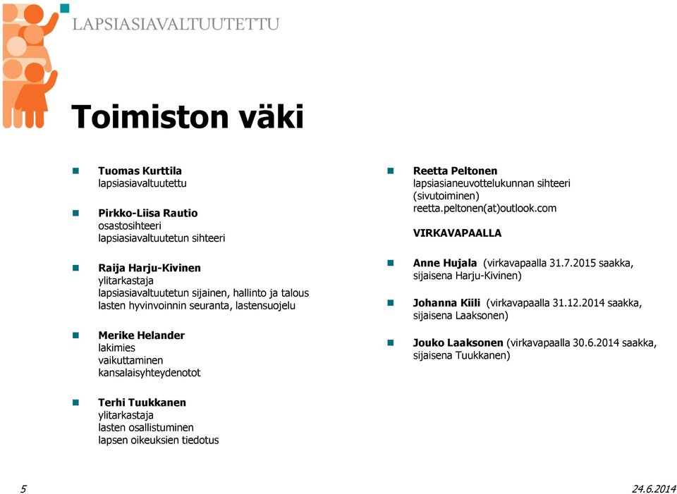 sihteeri (sivutoiminen) reetta.peltonen(at)outlook.com VIRKAVAPAALLA Anne Hujala (virkavapaalla 31.7.2015 saakka, sijaisena Harju-Kivinen) Johanna Kiili (virkavapaalla 31.12.