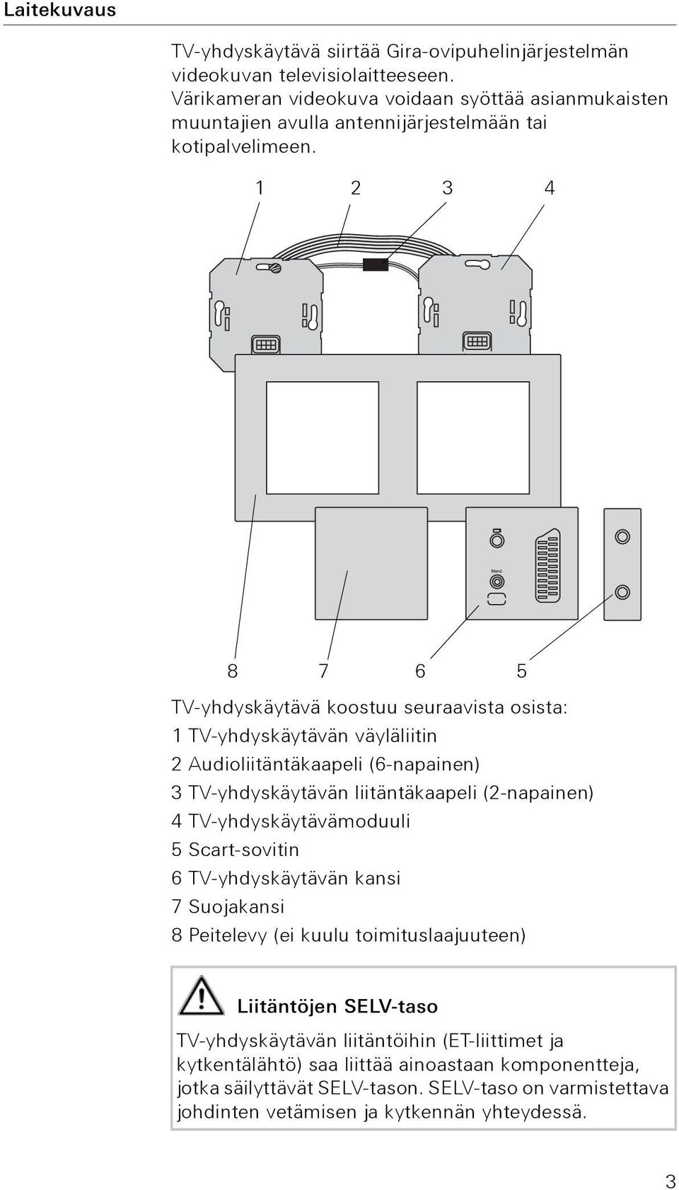 1 2 3 4 8 7 6 5 TV-yhdyskäytävä koostuu seuraavista osista: 1 TV-yhdyskäytävän väyläliitin 2 Audioliitäntäkaapeli (6-napainen) 3 TV-yhdyskäytävän liitäntäkaapeli (2-napainen) 4