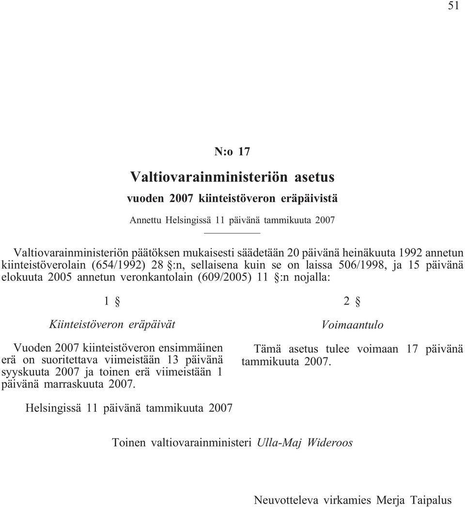 1 Kiinteistöveron eräpäivät Vuoden 2007 kiinteistöveron ensimmäinen erä on suoritettava viimeistään 13 päivänä syyskuuta 2007 ja toinen erä viimeistään 1 päivänä marraskuuta 2007.