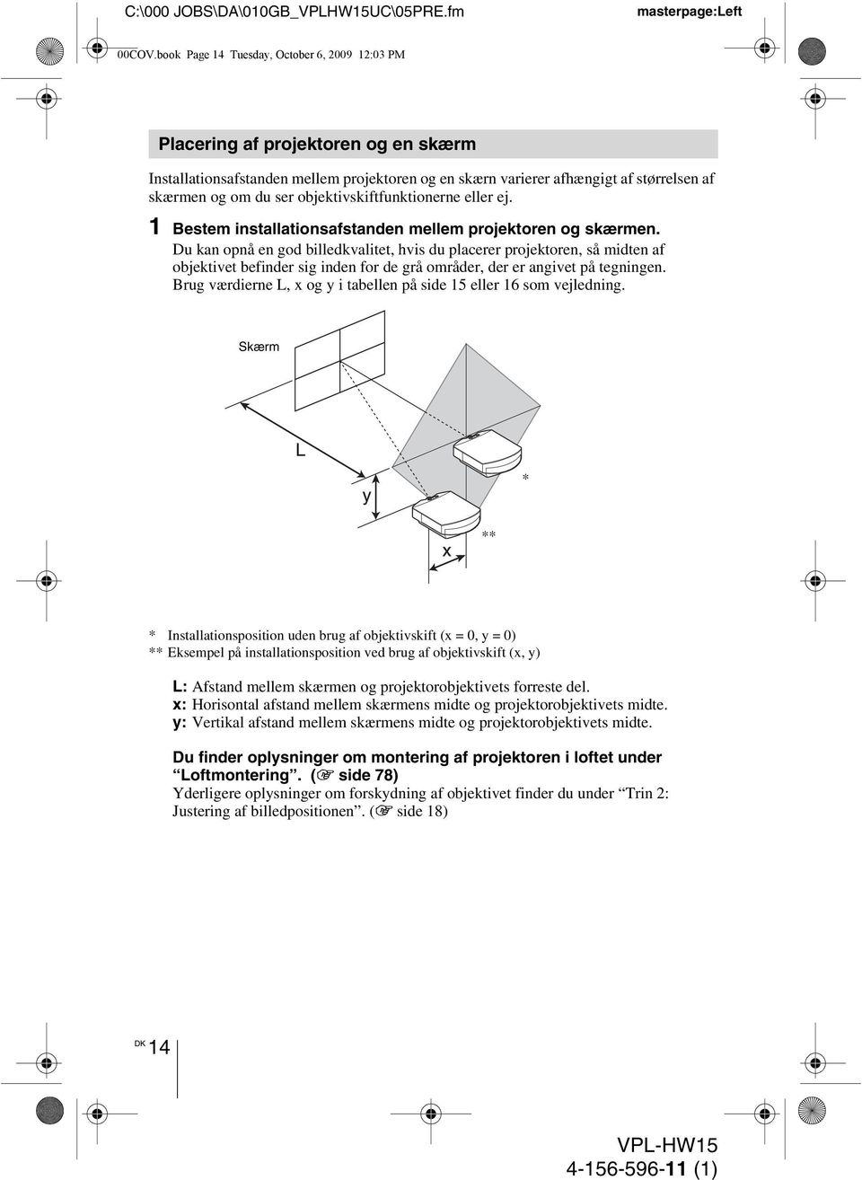 objektivskiftfunktionerne eller ej. 1 Bestem installationsafstanden mellem projektoren og skærmen.