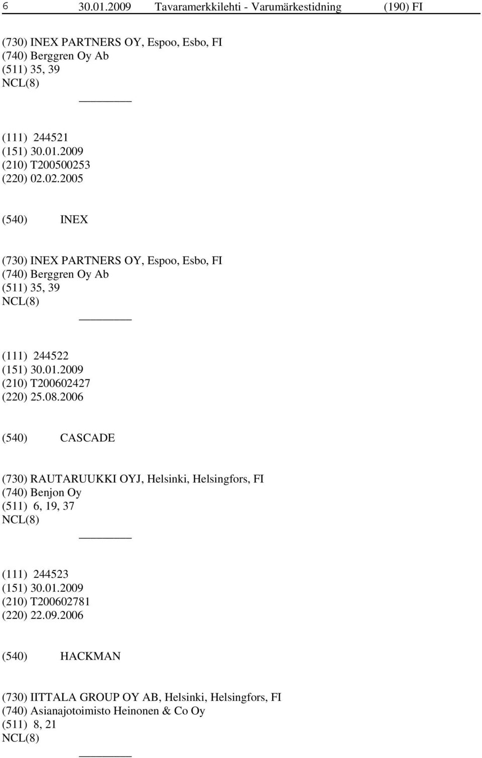 (210) T200500253 (220) 02.02.2005 INEX (730) INEX PARTNERS OY, Espoo, Esbo, FI (740) Berggren Oy Ab (511) 35, 39 NCL(8) (111) 244522 (210) T200602427 (220) 25.