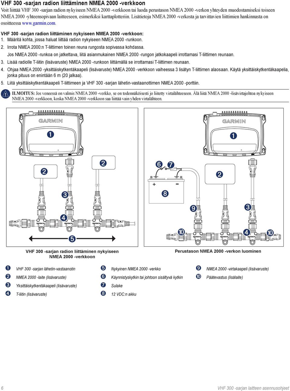 VHF 300 -sarjan radion liittäminen nykyiseen NMEA 2000 verkkoon: 1. Määritä kohta, jossa haluat liittää radion nykyiseen NMEA 2000 -runkoon. 2. Irrota NMEA 2000:n T liittimen toinen reuna rungosta sopivassa kohdassa.